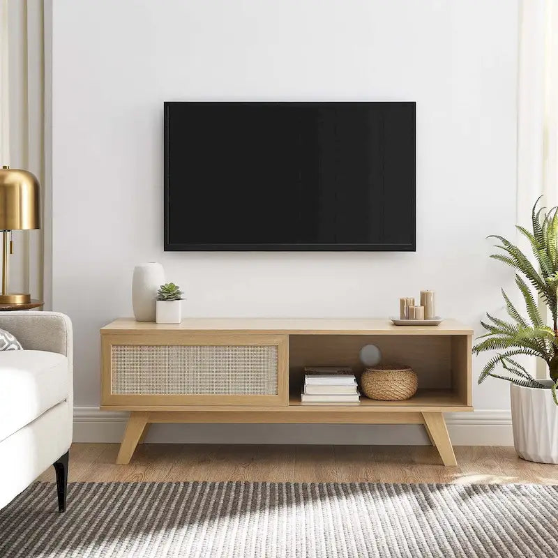 47" Rattan Sliding Door TV Stand with Cable Management - Fits up to 52" TVs