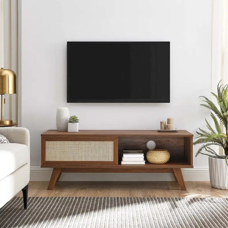 47" Rattan Sliding Door TV Stand with Cable Management - Fits up to 52" TVs