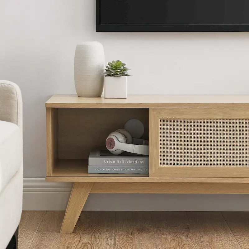 47" Rattan Sliding Door TV Stand with Cable Management - Fits up to 52" TVs