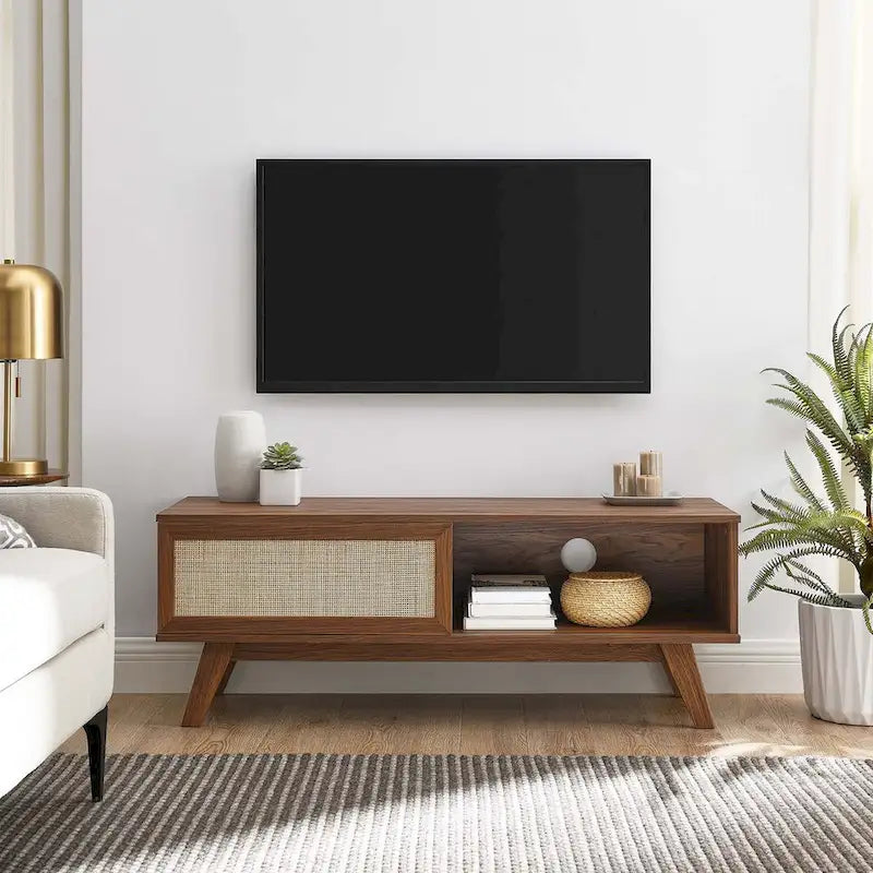 47" Rattan Sliding Door TV Stand with Cable Management - Fits up to 52" TVs