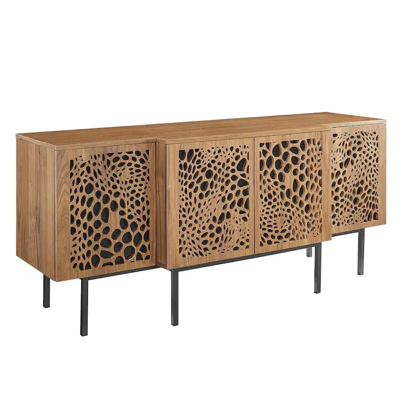 Modern Wood Veneer Sideboard with Sliding Doors and Adjustable Shelves