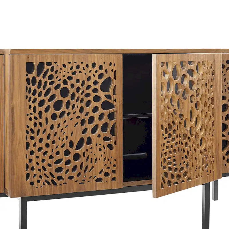 Modern Wood Veneer Sideboard with Sliding Doors and Adjustable Shelves