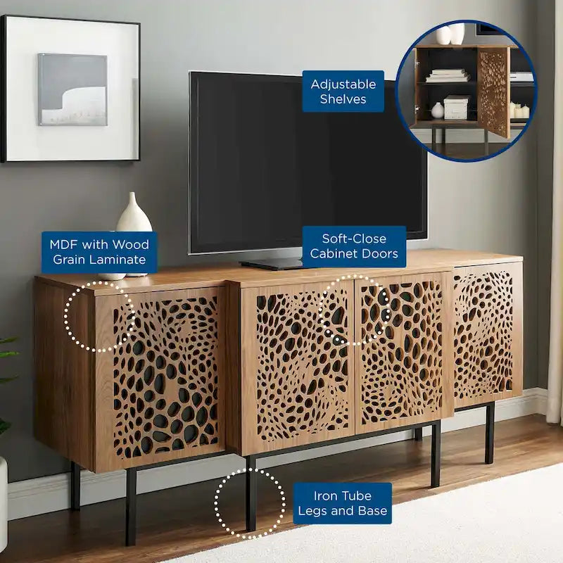Modern Wood Veneer Sideboard with Sliding Doors and Adjustable Shelves