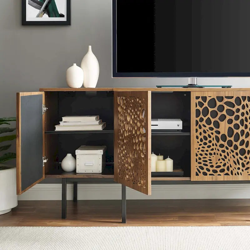 Modern Wood Veneer Sideboard with Sliding Doors and Adjustable Shelves