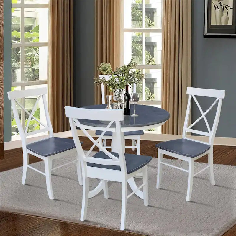 36" Round Pedestal Dining Table with 4 X-Back Chairs - White/Heather Gray