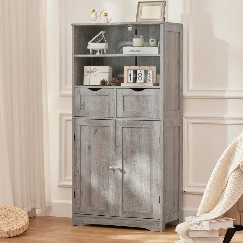 Tall Storage Cabinet with 2 Open Shelves, 2 Drawers, and Cupboard - 23.6W x 11.8D x 49.6H
