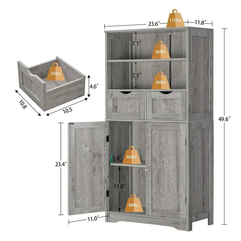 Tall Storage Cabinet with 2 Open Shelves, 2 Drawers, and Cupboard - 23.6W x 11.8D x 49.6H