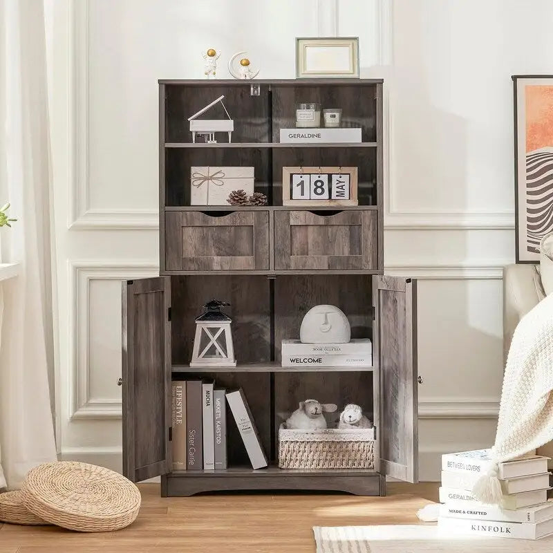Tall Storage Cabinet with 2 Open Shelves, 2 Drawers, and Cupboard - 23.6W x 11.8D x 49.6H