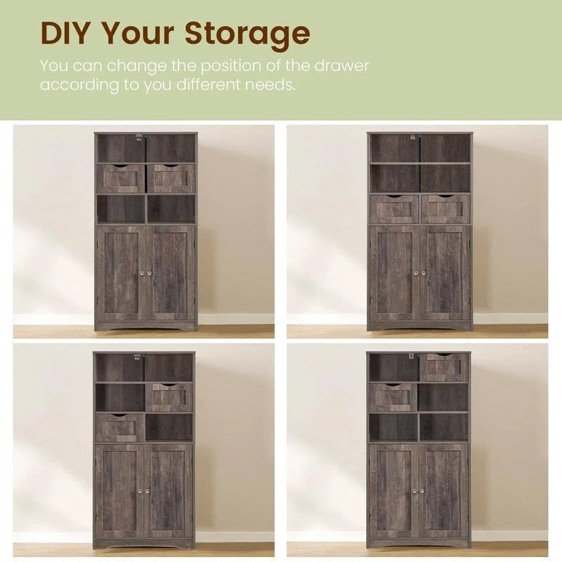 Tall Storage Cabinet with 2 Open Shelves, 2 Drawers, and Cupboard - 23.6W x 11.8D x 49.6H