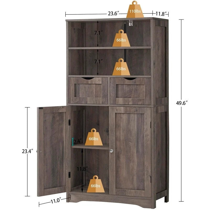 Tall Storage Cabinet with 2 Open Shelves, 2 Drawers, and Cupboard - 23.6W x 11.8D x 49.6H