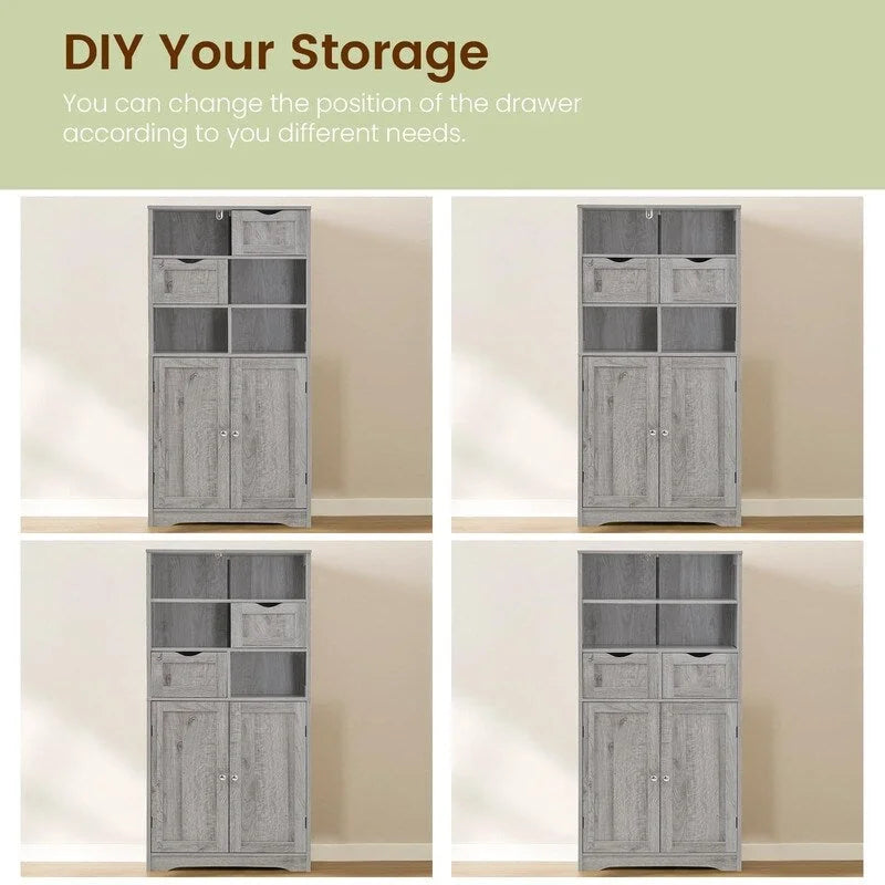 Tall Storage Cabinet with 2 Open Shelves, 2 Drawers, and Cupboard - 23.6W x 11.8D x 49.6H