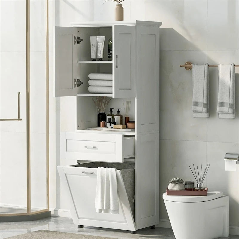 Tall Bathroom Storage Cabinet with Laundry Basket and Adjustable Shelves