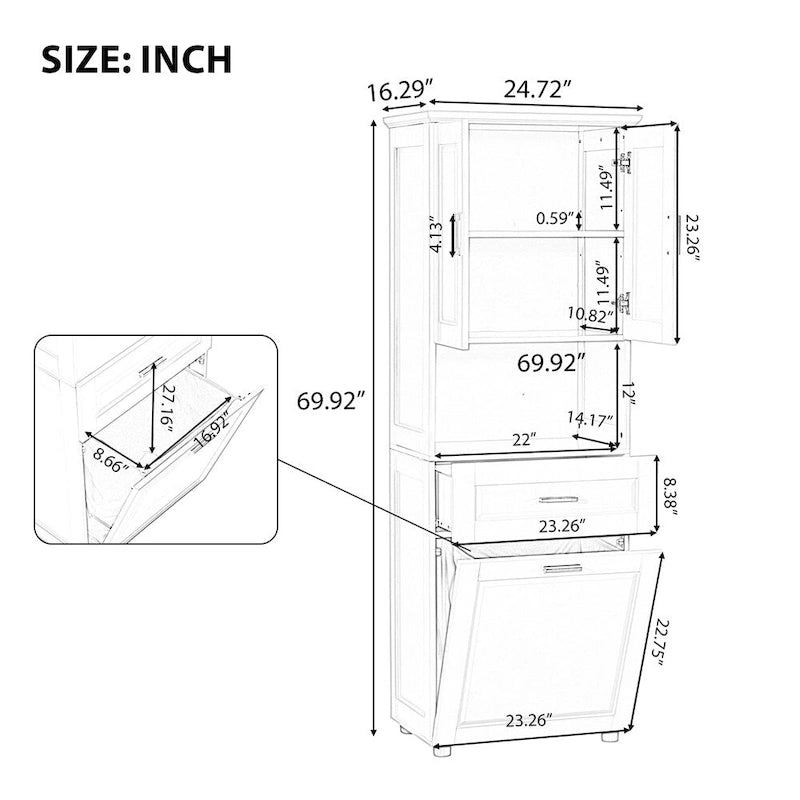 Tall Bathroom Storage Cabinet with Laundry Basket and Adjustable Shelves