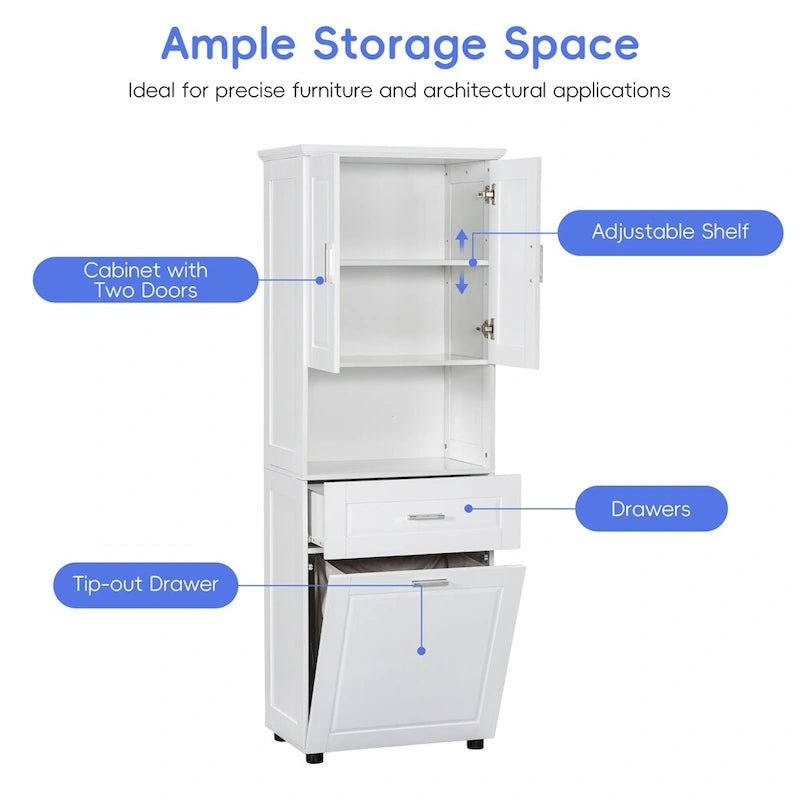 Tall Bathroom Storage Cabinet with Laundry Basket and Adjustable Shelves
