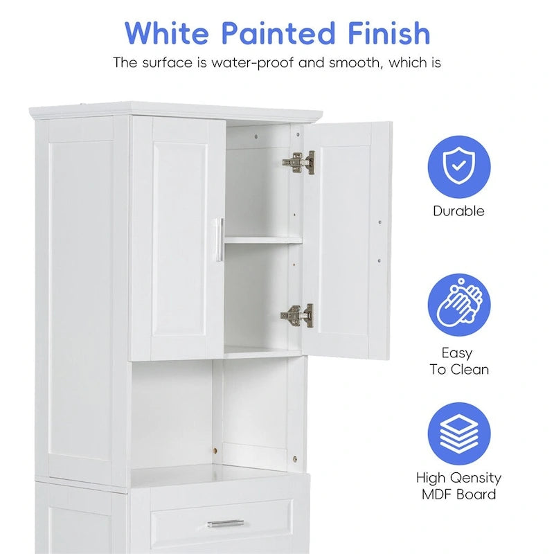 Tall Bathroom Storage Cabinet with Laundry Basket and Adjustable Shelves