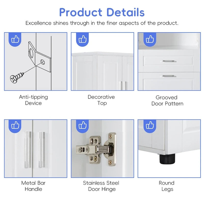 Tall Bathroom Storage Cabinet with Laundry Basket and Adjustable Shelves