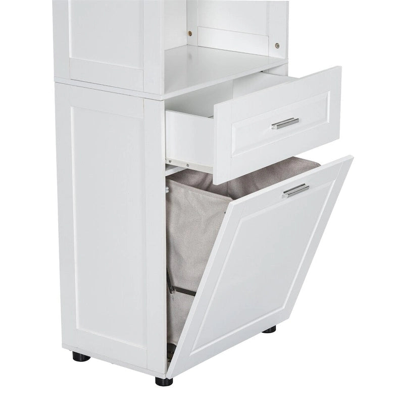 Tall Bathroom Storage Cabinet with Laundry Basket and Adjustable Shelves