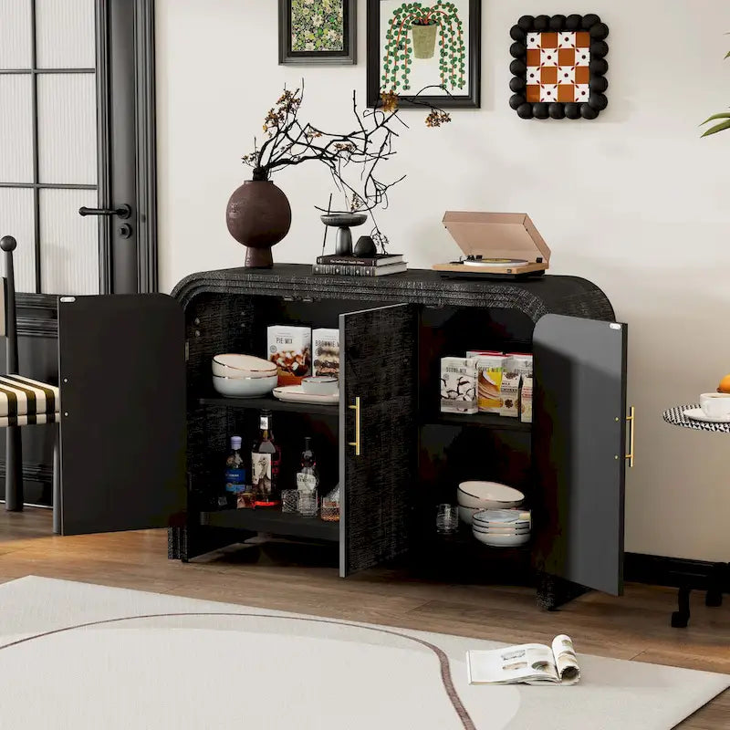 Retro Minimalist Curved Sideboard with Adjustable Shelves and Gold Pulls