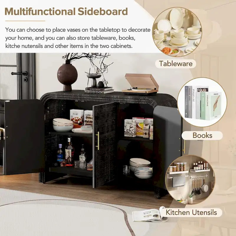 Retro Minimalist Curved Sideboard with Adjustable Shelves and Gold Pulls