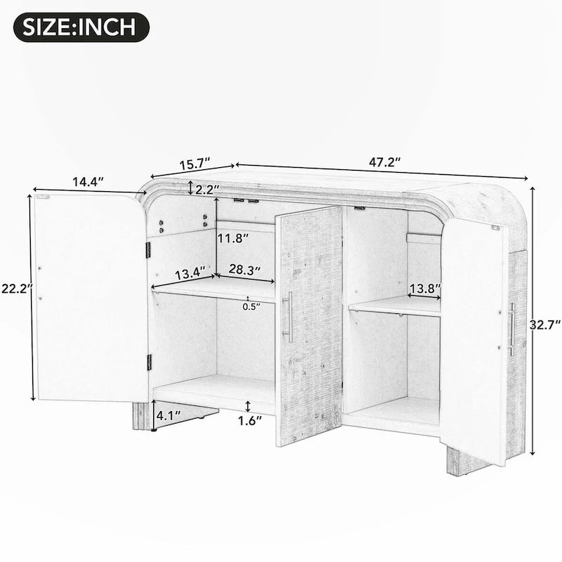 Retro Minimalist Curved Sideboard with Adjustable Shelves and Gold Pulls