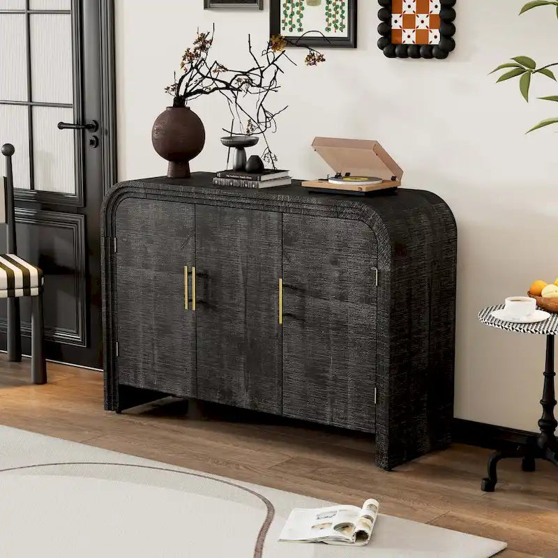 Retro Minimalist Curved Sideboard with Adjustable Shelves and Gold Pulls