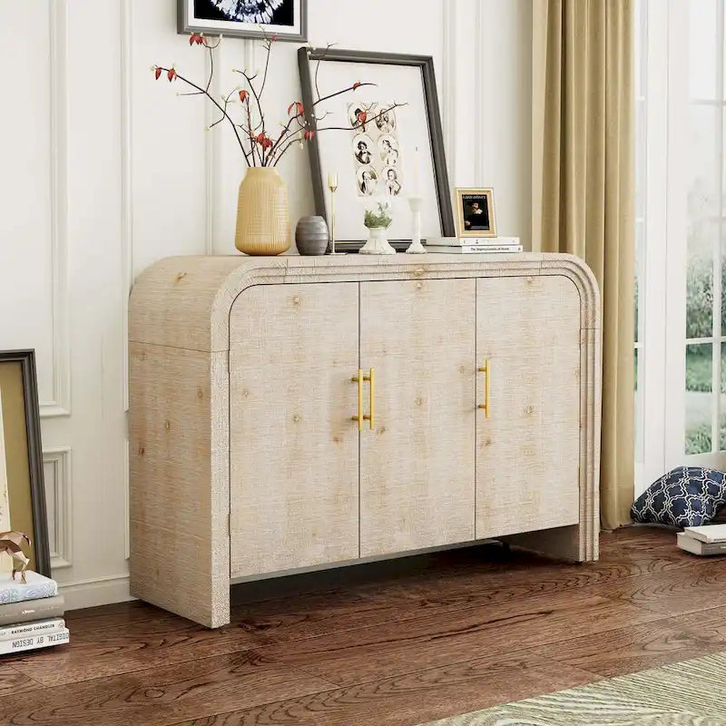 Retro Minimalist Curved Sideboard with Adjustable Shelves and Gold Pulls