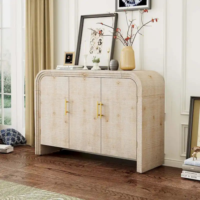 Retro Minimalist Curved Sideboard with Adjustable Shelves and Gold Pulls