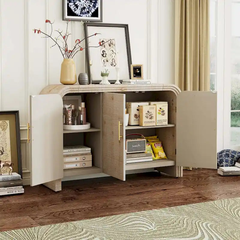 Retro Minimalist Curved Sideboard with Adjustable Shelves and Gold Pulls