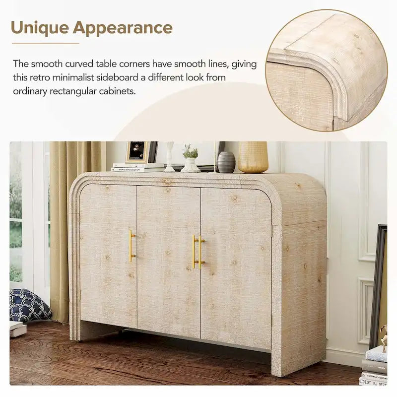 Retro Minimalist Curved Sideboard with Adjustable Shelves and Gold Pulls