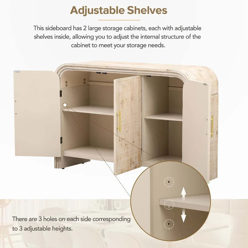 Retro Minimalist Curved Sideboard with Adjustable Shelves and Gold Pulls