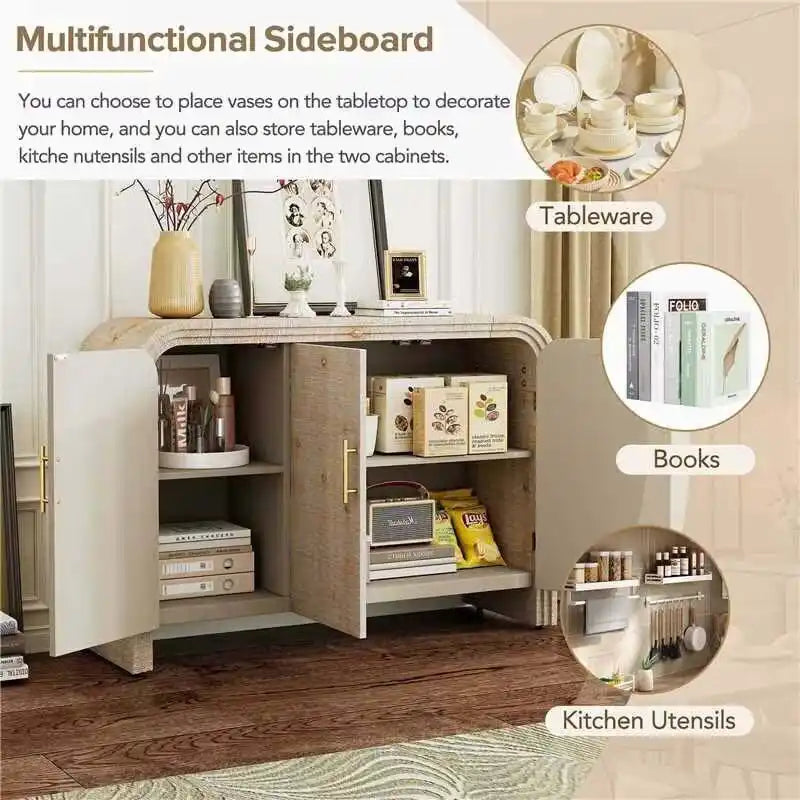 Retro Minimalist Curved Sideboard with Adjustable Shelves and Gold Pulls